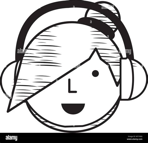 Sketch Of Cartoon Girl With Headphones Over White Background Vector
