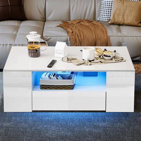 Led Coffee Table Wooden 2 Drawer Storage High Gloss Modern Living Room
