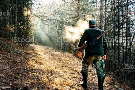 Hunter With Rifle Walking In The Forest Stock Photo And More Pictures Of