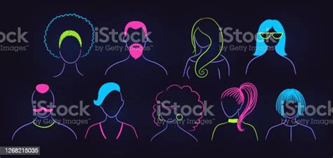 Set Of Neon Profile Pictures Faceless Avatars Stock Illustration