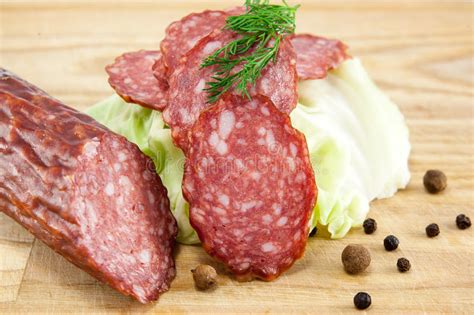 Salami Sausages On Wooden Board Isolated Stock Image Image Of Product