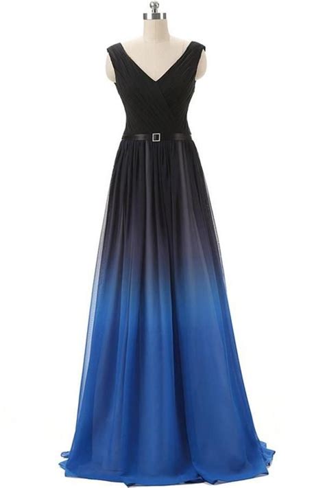 Black And Royal Blue Gradient Ombre Chiffon Back Up Lace Prom Dresses