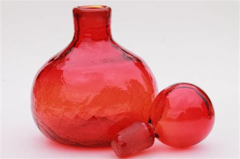 Amberina Red Crackle Glass Genie Bottle Mod Vintage Blenko Glass Decanter W Round Stopper