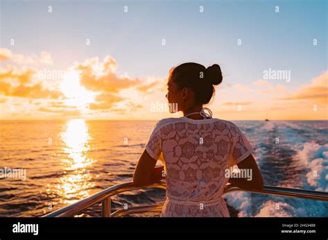 Cruise Ship Vacation Woman Watching Sunset Boat Deck On Summer Travel