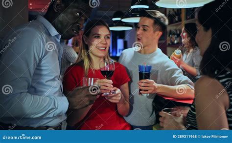 Happy Women And Men With Cocktail Chatting At Bar Counter In Night Club Stock Footage Video Of