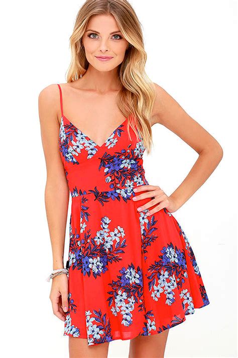 Flirty Red Floral Print Dress Skater Dress Sleeveless Dress 54