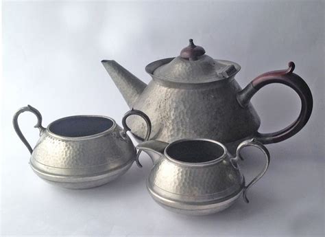 English Pewter Tea Set By John Turton Of Sheffield Art Deco Hammered