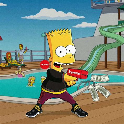 Download Supreme Bart Simpson With Money Gun Wallpaper