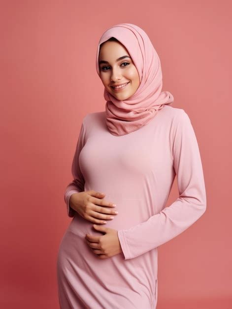 premium photo portrait of a happy pregnant arabic girl touching her belly
