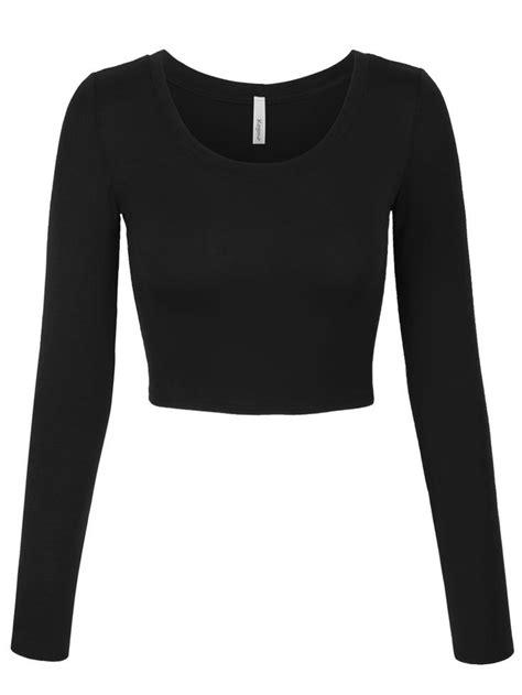 kogmo womens long sleeve crop top solid round neck t shirt black long sleeve