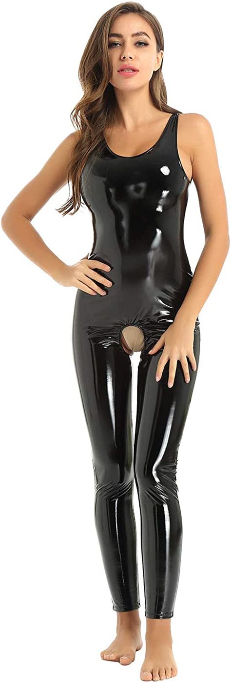 Womens Sexy Wetlook Look Catsuit With Open Crotch Leather Body Hot Sex Picture