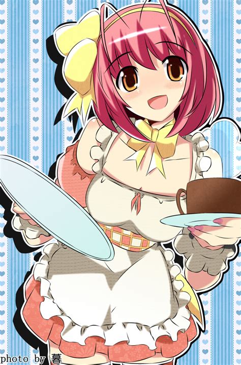 Safebooru Mu Antenna Hair Apron Artist Name Bow Breasts Cup Frilled