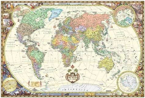 Antique Style World Wall Map Wall Map Laminated Illustrated World