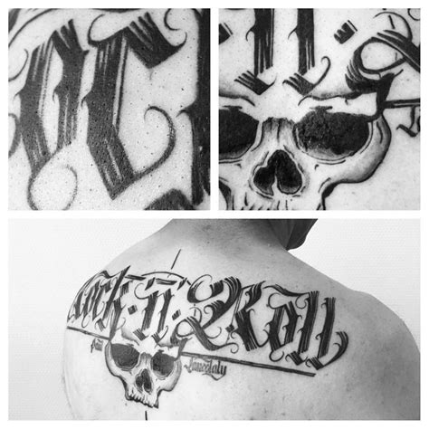 tatouage calligraphie rock n roll and crâne · fond noir tattoo