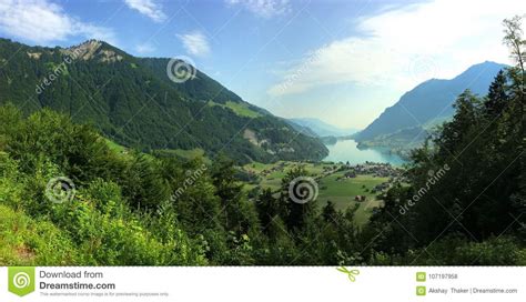 Panoramic View Of Beautiful Mountain And Valley With Lake