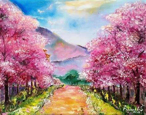 Sakura Painting Pink Original Art Oil Cherry Blossom Tree Landscape
