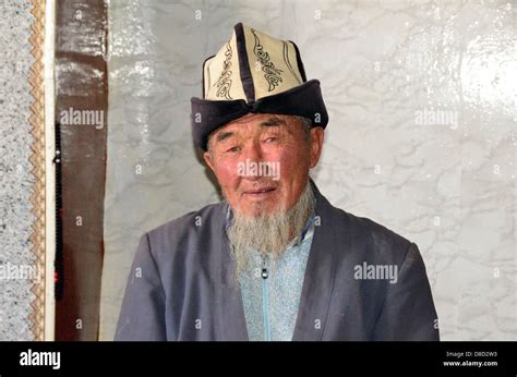 Kyrgyz Old Man With Traditional Kyrgyz Hat In Alichur Village Stock