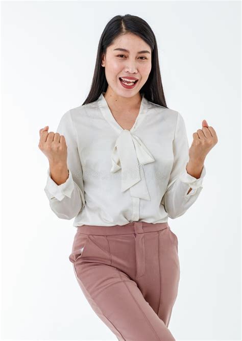 Asian Beautiful Business Woman Wear White Shirt Smile Raising Hand