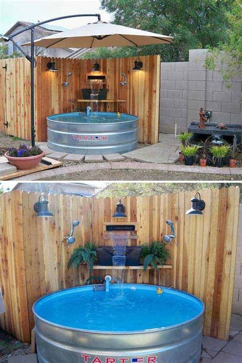 7 Turn Galvanized Stock Tank Into A Luxury Outdoor Pool The Umbrella Was Set Up On A Weighted