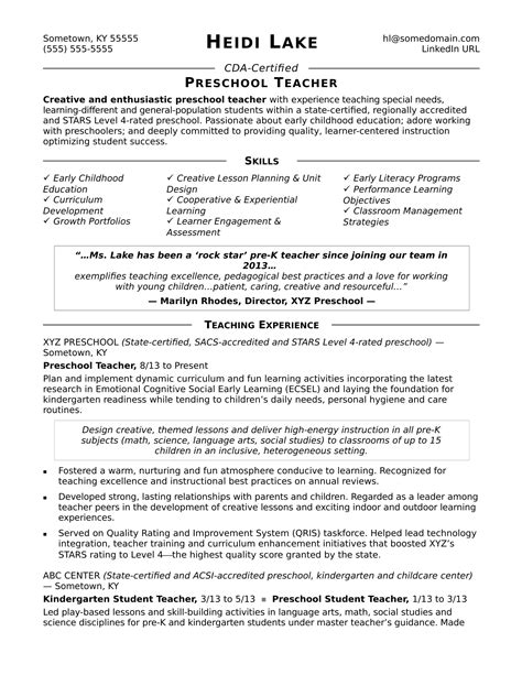 Preschool Teacher Resume Sample