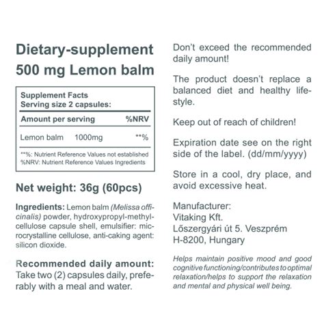 Lemon Balm 500 Mg 60 Veggie Capsules Vitaking