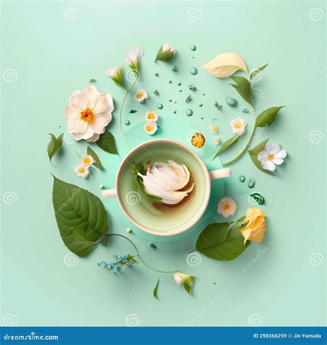 cup of green tea with flowers and leaves on mint background flat lay stock illustration