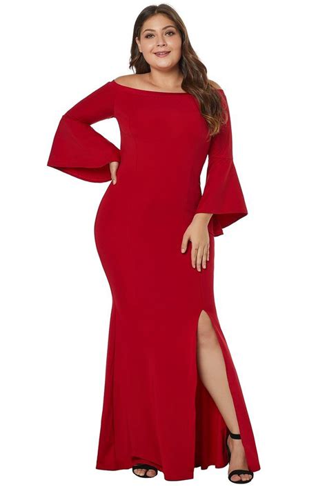 Kellips Slash Neck Chic Red Plus Size Maxi Party Dress Maxi Dress With Sleeves Slit Dress Red