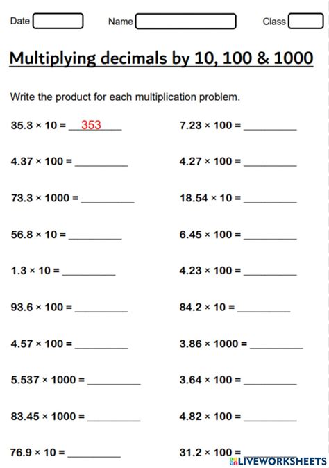 Multiply Decimals With 10 100 1000 Worksheet