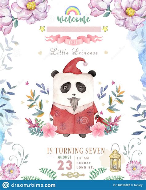 Cute Happy Birthday Card With Cartoon Panda Watercolor