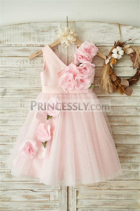 V Neck Pink Satin Tulle Wedding Party Flower Girl Dress Avivaly