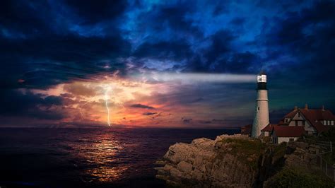 Lighthouse Sunset Clouds Lightning Horizon Houses Cliff