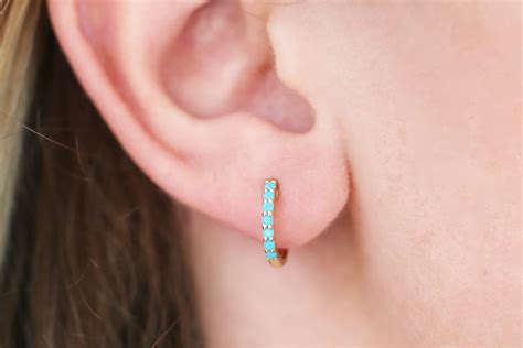 Natural Turquoise Earrings Huggie Earrings K Gold Mm Etsy