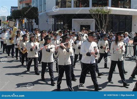 Brass Band Marching Along The Street Editorial Photo Image Of Costume
