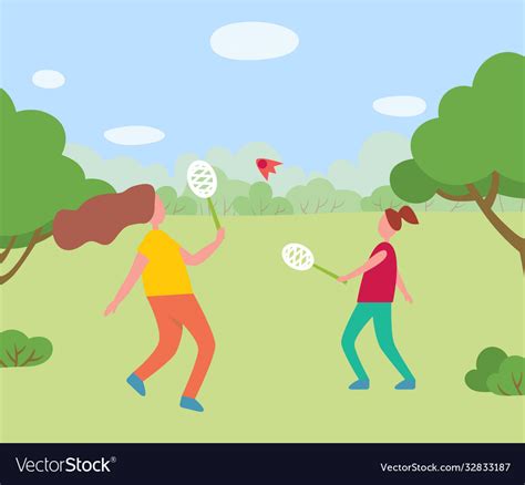 Two Girls Having Fun Playing Badminton Together Vector Image