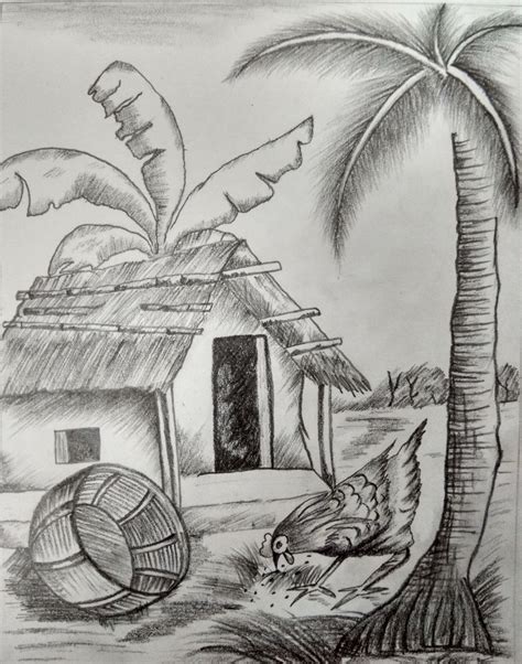 A Drawing Of A Hut With A Hammock And Palm Tree In The Foreground