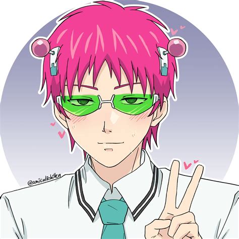 a man with pink hair and green glasses making the peace sign