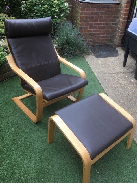 Perfect Condition Brown Leather Ikea Poang Chair And Footstool In