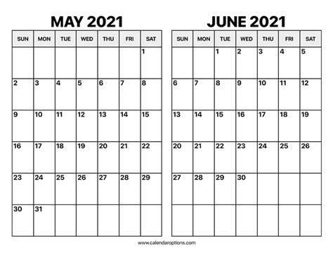 May And June 2021 Calendar Calendar Options