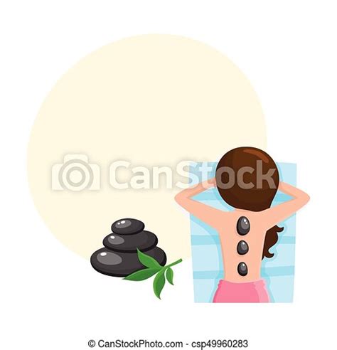 Young Woman Getting Hot Stone Massage In Spa Salon Top View Cartoon