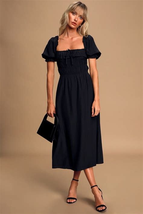 Nahanni Black Puff Sleeve Smocked Midi Dress Chiffon Mini Dress Long Sleeve Midi Dress Midi