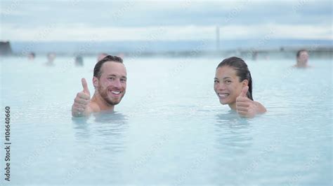 Hot Spring Geothermal Spa On Iceland Romantic Couple In Love Relaxing In Hot Pool On Iceland