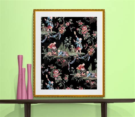 Chinoiserie Antique French Wallpaper Illustration Black Etsy