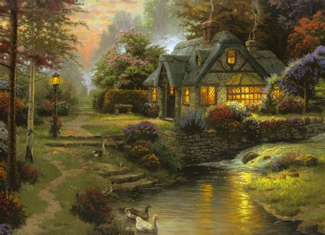 Hd Wallpaper Stillwater Cottage Thomas Kinkade Painting Art Cottage