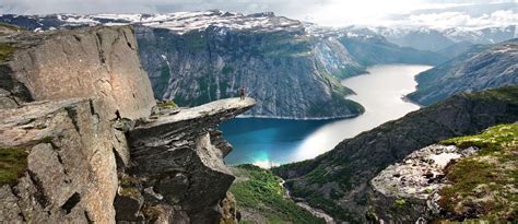 Fjord Sea Cliff Canyon Snow Clouds Rock Norway Landscape
