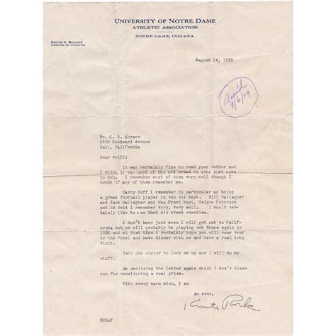 Knute Rockne Signed 1929 Letter On Notre Dame Fighting Irish Letterhead