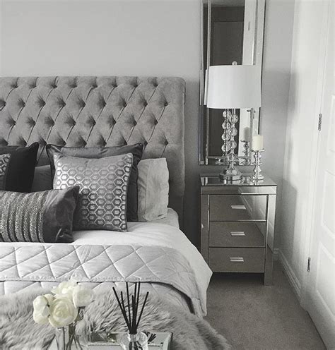 Lots of greys and whites with pops of colour, love rose gold accents | see more about bedroom, room and home. Pinterest @Nattat74 | Mirrored bedroom furniture, Grey ...