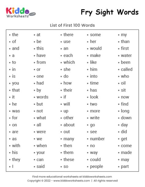Free Printable Fry Sight Words List 1 Worksheet Kiddoworksheets