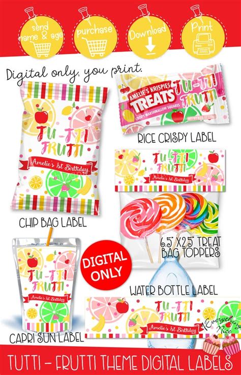 Digital Download Tutti Frutti Theme Printable Labels Wrappers Bundle