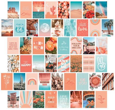 peach and teal aesthetic wall collage kit 50 printed 4x6 vsco etsy dorm wall decor wall