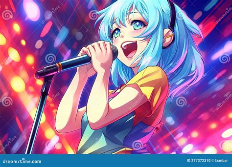 Cheerful Idol Anime Girl With Bright Blue Hair And A Microphone In Her